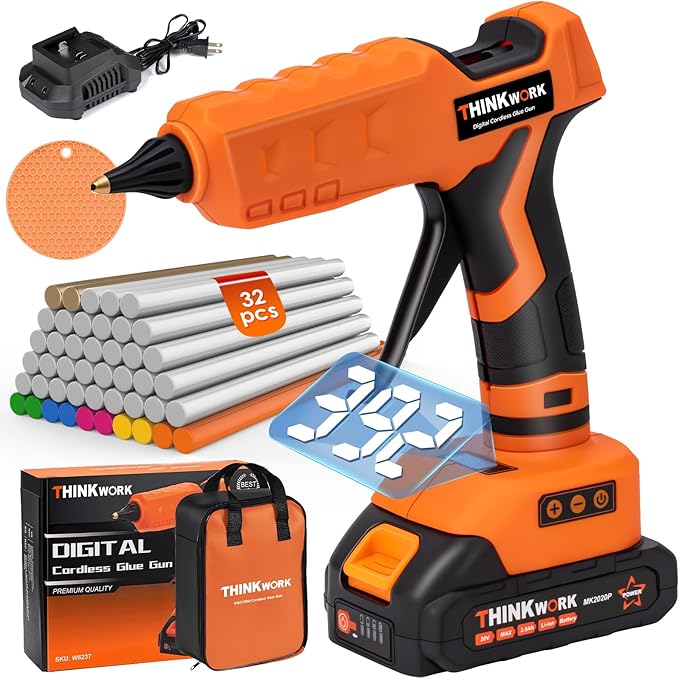THINKWORK 20V Cordless Glue Gun - Digital Temp Adjustable Drip-Free Fast Heating Full Size Heavy Duty Hot Glue Gun with 32 Glue Sticks for Crafts DIY, Repair, Gift