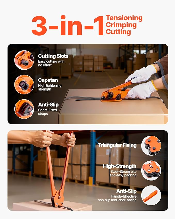 VEVOR Banding Strapping Kit, Heavy Duty Banding Sealer Tool with 2000 ft PET Band, 600 Metal Seals, 200 Corner Protectors, Plastic Pallet Packaging Strapping Kit for Warehouse, Transportation, Home