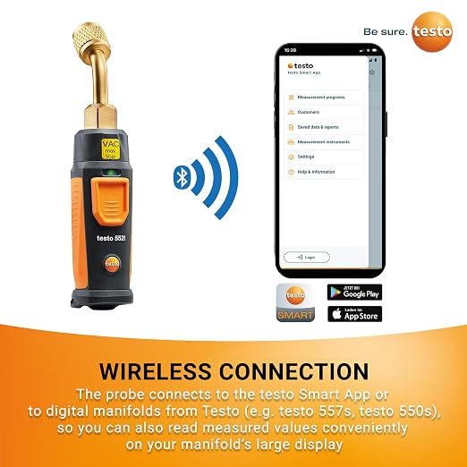 testo 552i Wireless Digital Vacuum Probe - Vacuum Gauge for HVAC Systems with IP54 Protection – 45° Service-Port Design - HVAC Tool for AC/R System Evacuation with Bluetooth and App