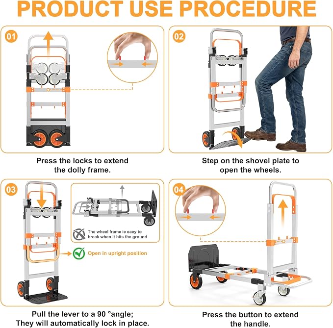 3 in 1 Aluminum Hand Truck Foldable, 500 lbs Convertible Dolly, Collapsible Dolly Cart with 4 Rubber Wheels,Portable Trolley with Retractable Handle for Moving/Office/Home/Warehouse(Orange Silver)