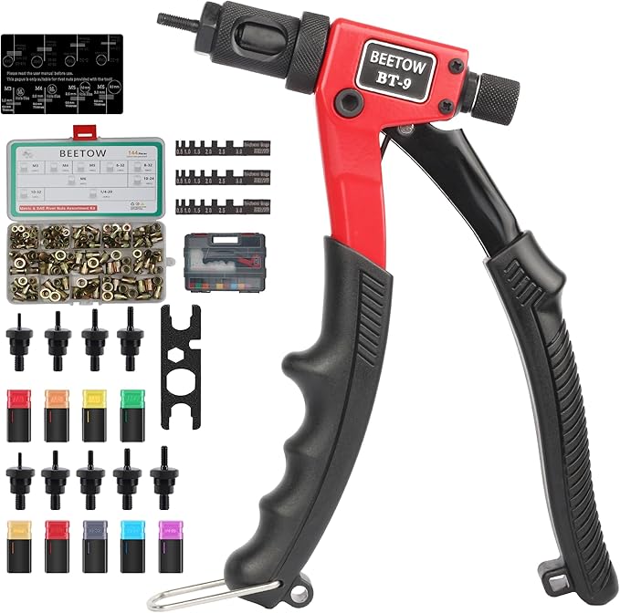 BEETOW Compact Rivet Nut Tool Kit – SAE & Metric 8'' Rivnut Gun with 9 Mandrels (M3-M6, #6, #8, #10, 1/4") & 144 Nutserts, Stroke Adjustment Widget, for Automotive & Metal Repair