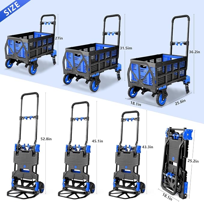 2-in-1 Hand Truck Dolly with Folding Basket, 330LB Heavy Duty Carrying Portable Handtruck, Folding Hand Dolly with 4 Wheels&Retractable Handle for Moving, Luggage, Shopping, Office