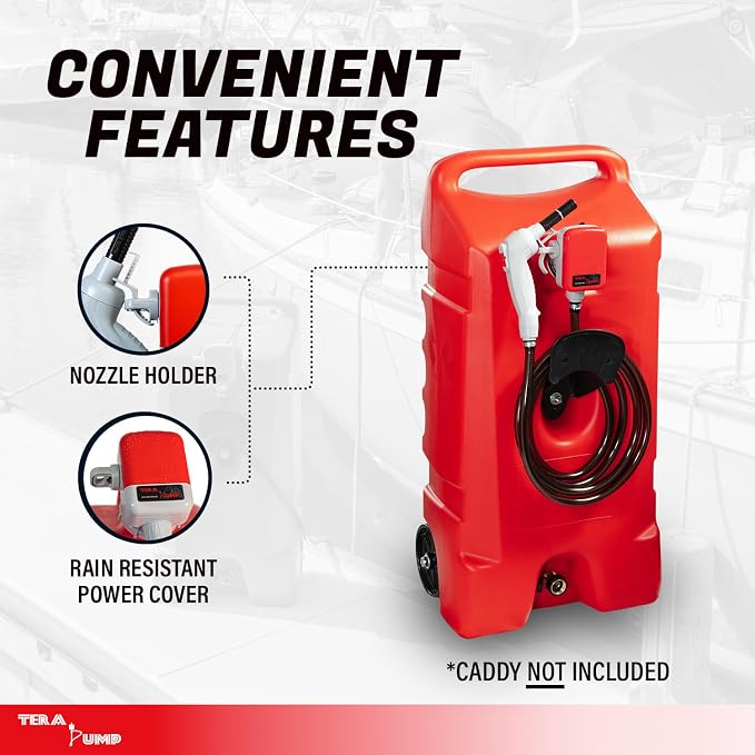TERA PUMP Next Gen Automatic Gas Caddy Fuel Transfer Pump (Caddy Not Incl.) | Auto-Stop Sensor for Overfill Protection, 2.6 GPM, 14-Gallon Gas Caddies, 3 Power Options, 9.8 ft Vinyl Hose