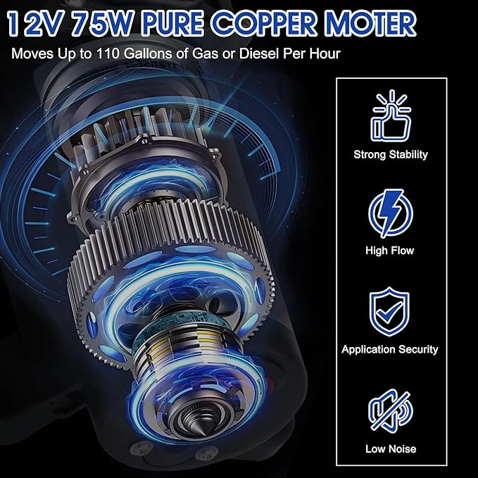 12V 75W Electric Fuel Transfer Pump Set, Gasoline Transfer Pump Kit Moves Up to 110 Gallons of Gas or Diesel Per Hour, Electric Gas Pump for Vehicles, Boats, UTV, Tractors