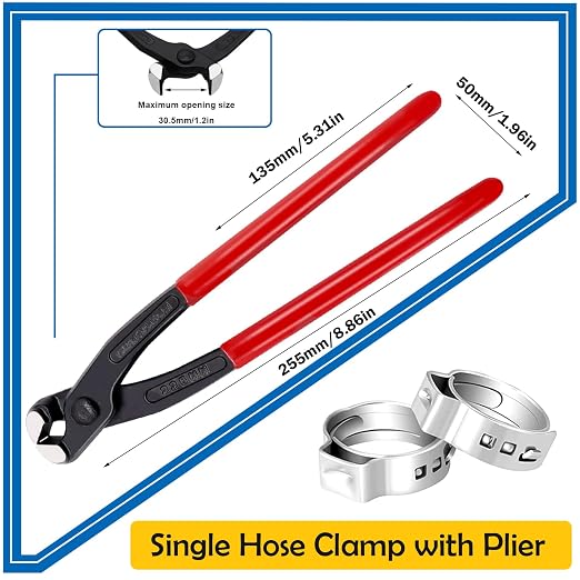 130Pcs 12-Sizes 304 Stainless Steel Single Ear Hose Clamps with Ear clamp plier 6-36.1mm Crimp Hose Clamps Assortment Kit for Auto/Home Appliance/Pipe/Fuel Line Stepless hose clamp with pincer