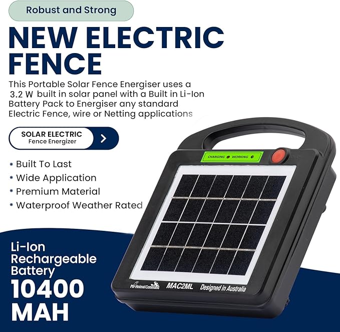 Solar Powered Electric Fence with Lithium Battery Energizer Containment & Protection of Livestock Horses Cattle Sheep Pets Easy Install Charger 0.2 Joules Output (6-9KV)
