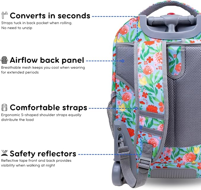 J World Sundance Laptop Rolling Backpack for Girls Boys. Roller Bookbag with Wheels, 20 Inch, Flora