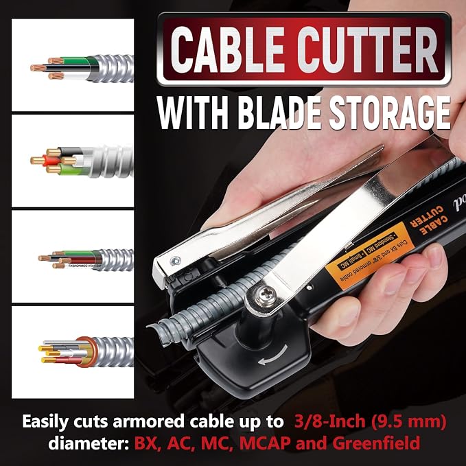 BX/MC Cable Cutter Compatible with Easily Cutting Armored Cables - BX, AC, MC, MCAP, and Greenfield Cables, Cutting Depth Can Be Adjusted Between Standard MC and Reduced-diameter MC, Black