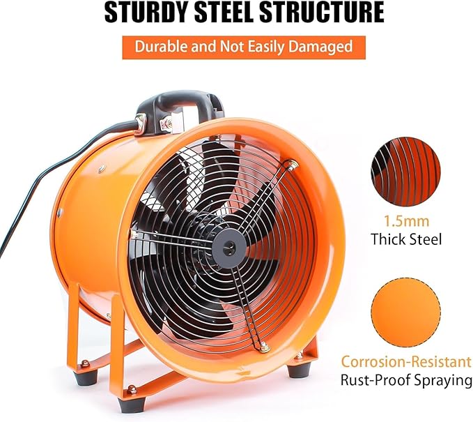 8-Inch High-Velocity Portable Utility Blower Fan, Industrial Exhaust Fan with 16.4ft Flexible Duct Hose, 3150 RPM Low-Noise Ventilator for Basements, Workshops, Warehouses, and Confined Spaces
