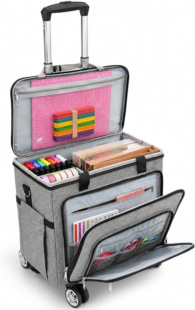 Rolling Teacher Tote Bag with Wheels Craft Storage Organizer Bag, Portable Wheeled Craft Cart for Teacher Art Office Scrapbook Supplies, Heavy Duty Multi-Purpose Rolling Tote Grey