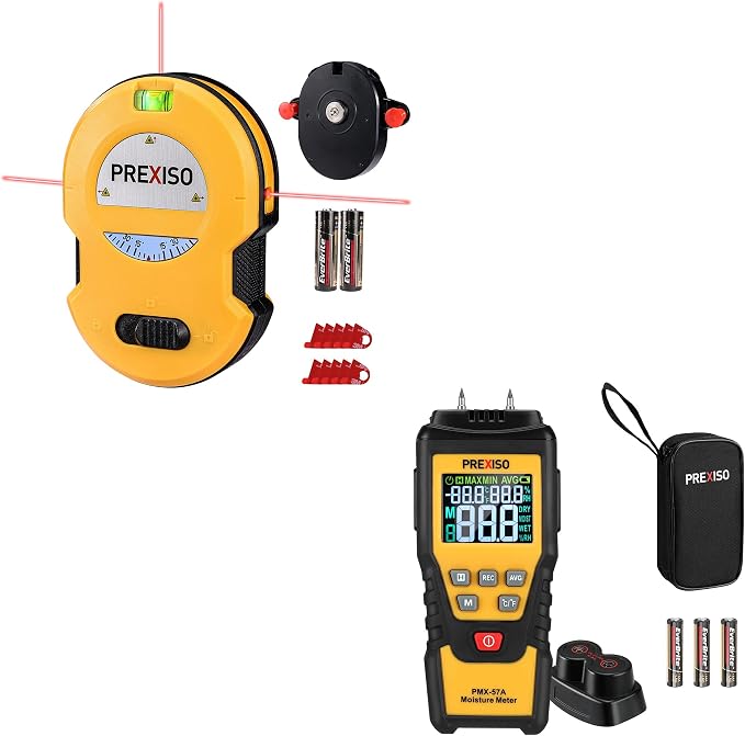 PREXISO 7-in-1 Digital Wood Moisture Meter & PREXISO Multi Surface Laser Level LED Light Vial, 30Ft Horizontal and Vertical Line Laser