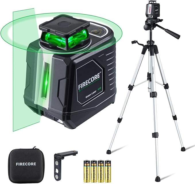 Laser Level with Tripod, Firecore 360° Self Leveling Laser Level with Pulse Mode, 3 Brightness Levels, Green Line Lazer Leveler Tool for Picture Hanging Wall Tile Floor DIY Construction Project