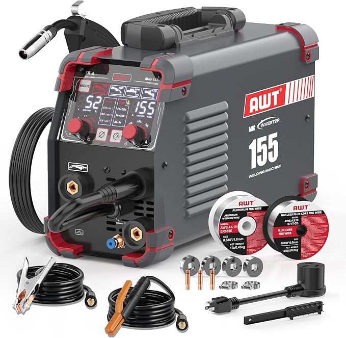 AWT Aluminum 155A MIG Welder,5 in 1 Gas MAG/Aluminum MIG/Gasless Flux Core MIG/Stick/Lift TIG Aluminum MIG Welding Machine,110/220V Welding Machine with Multiprocess Wire Feed