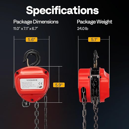 VIVOHOME Chain Hoist 2 Ton 10ft Red, Mini Chain Hoist 4400Lbs, Heavy Duty Pulley Hoist with G80 Manganese Steel Chain, Manual Chain Fall for Garages, Warehouses, and Automotive Tasks