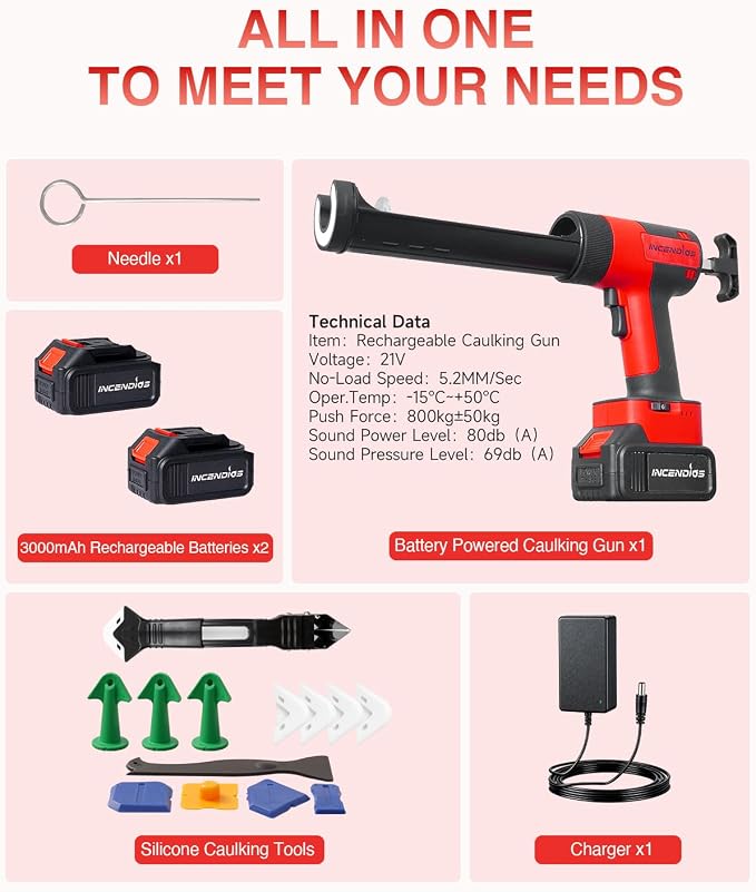 Cordless Caulking Gun w/2 x 3.0Ah Batteries, 800kg Thrust Max Electric Caulk Gun, 6-Speed, 10oz/300ml, 13Pcs Caulk Remover Tool, Led Light, Auto-Retract Anti-Drip for Sealing, Filling, Repairing