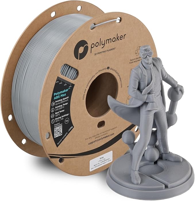 Polymaker ABS Max 3D Printer Filament 1.75mm, Grey 1kg Engineering Grade ABS with High Heat Resistance and Enhanced Creep Resistance for Heated Chamber Printers