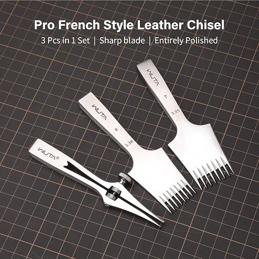 WUTA Leather Chisel All-Polished Pricking Iron Adjustable 2-6mm French Style Puncher Sharp Punching Tool Set (Obverse Adjustable 2 Teeth+3.38mm 8 Teeth+3.85mm 8 Teeth)