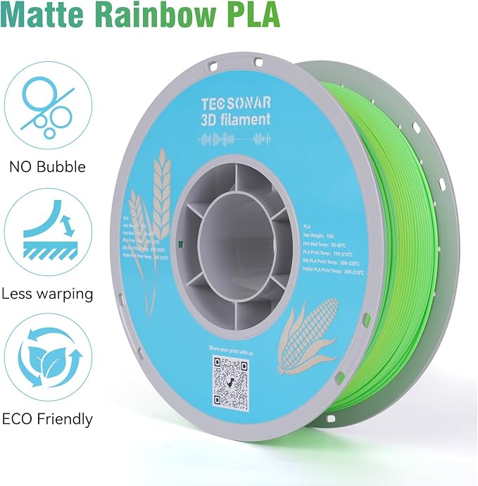 Matte Rainbow PLA 3D Printer Filament, 1KG Spool(2.2lbs) 1.75mm PLA Fast Color Change 3D Printing Material, Multicolor PLA,Gradient Filament for Most FDM 3D Printers,Matte Yellow Green