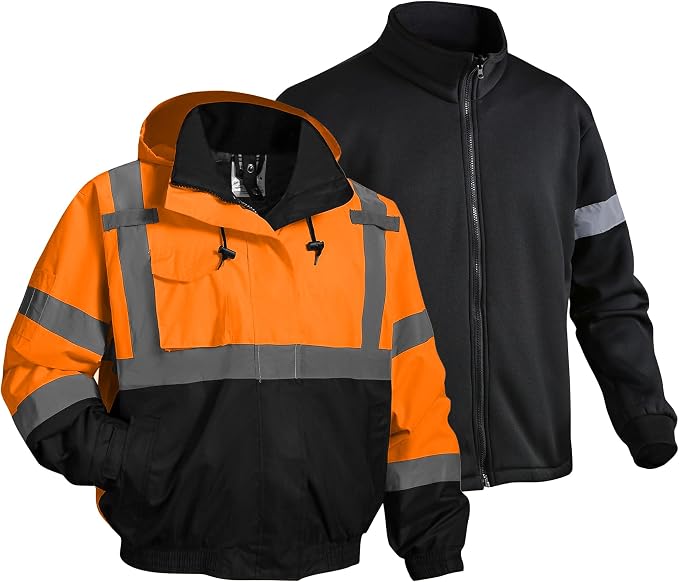 3 in 1 Safety jacket,Reflective high Visibility Hooded jacket,Hi Vis Bomber Jacket shell and fleece lining,Waterproof,ANSI Class 3 Black Bottom Orange,5XL