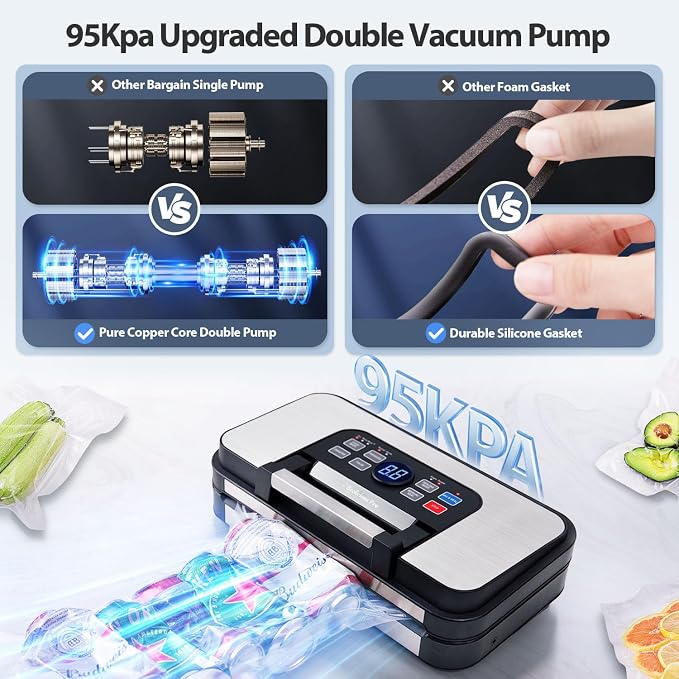95Kpa Precision Pro Vacuum Sealer, with Double Heat Seal & Dual-Pump for Dry/Moist Food, 2X Strength, Food Vacuum Sealer Machine with Easy-Lock Handle, Built-in Cutter & Bag Storage, Stainless Steel