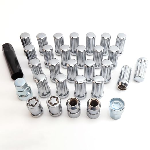 M14 x 1.5mm Wheel Locks, Fit for Ram 1500, Ram 2500, Ram 3500, F-150, F-250, F-350, Expedition, Wheel Locks, 24Pcs 7 Spline Lug Nuts 1 Key with 4 Locking Lug Nuts 2 Pcs Key, Chrome
