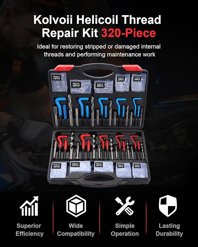 Kolvoii Helicoil Thread Repair Kit 320-Piece, Metric & SAE HSS Drill Bits Tap Set, Spark Plug Engine Stud Insert for Automotive Rethreading Restorer Tool