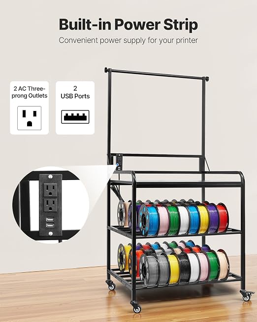 VEVOR 3D Printer Filament Storage Rack with Power Strip, 3-Tier Stand with Filament Storage, Spools Holder Racks Cart with Wheels, Filaments Organzied for 3D Printing Station, Workshop (Shelf Only)