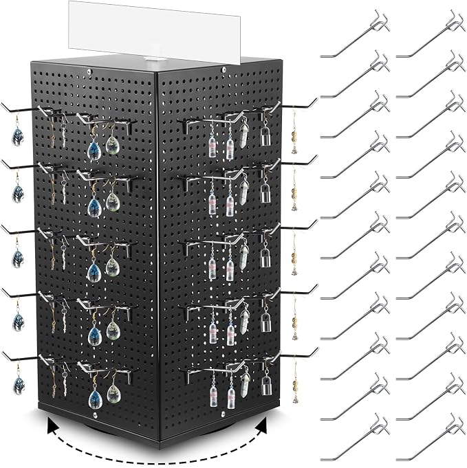 Geelin Metal Pegboard Display with 50 Hooks, 9.8 x 9.8 x 20.5 in Rotating Display Stand Racks for Craft Shows Pegboard Organizer with Peg Hooks for Jewelry Organizing Retail(Black)