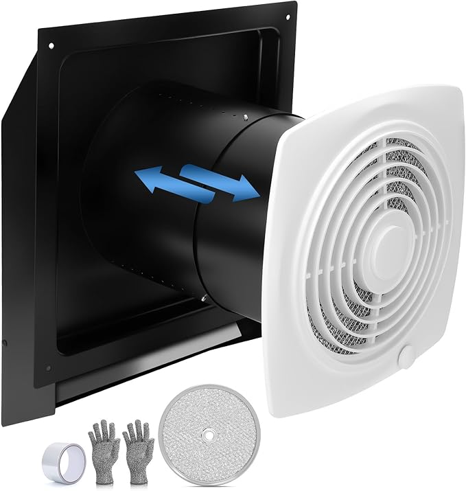 509S Through Wall Exhaust Fan, Kitchen Wall Exhaust Fan, Through Wall Vent Fan with On/Off Switch, 200 CFM High Airflow, White Cover, Aluminum Filter, 8.5 Sones, 8 Inch, Fits Walls 5” to 10” Thick