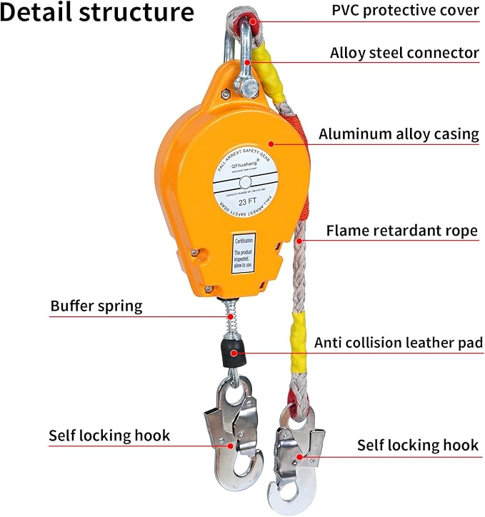 23FT Self Retracting Lifeline, Adjustable Retractable Lifeline Fall Protection Rope, Heavy Duty Retractable Lanyard, Roofing Lifelines, Industrial Fall Arrest Retractor