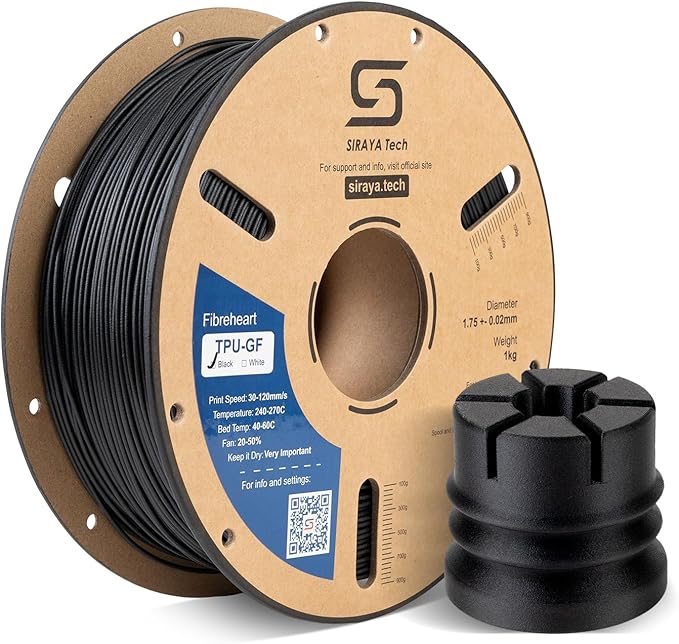 Siraya Tech Fibreheart TPU-GF 3D Printer Filament, Glass Fiber Reinforced TPU, Ultra Low Warp & Easy to Print, High Impact Resistant, Vibration Damping, Tough 64D Engineering Material (Black, 1kg)