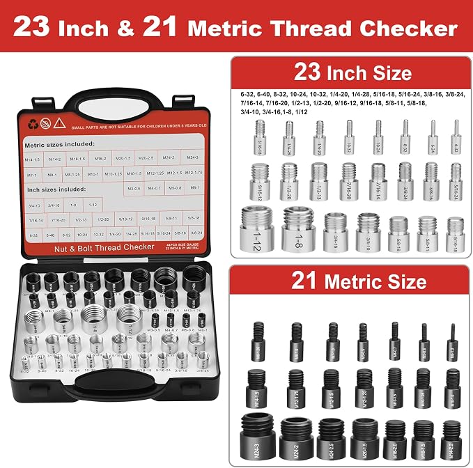 Thread Checker, Nut and Bolt Thread Checker, Bolt Size and Thread Gauge, 44 Individual Bolt and Nut Identifier Gauge (23 Standard & 21 Metric) Especially for Size Check in Tight Spaces