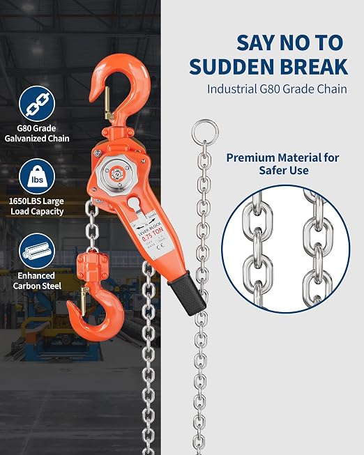 Manual Lever Chain Hoist 3/4 Ton 1650 lbs Capacity, 10FT Come Along with G80 Galvanized Steel Chain, Weston Double Pawl Safety Brake, 360° Swivel Hook for Garage, Factory, Dock, Construction