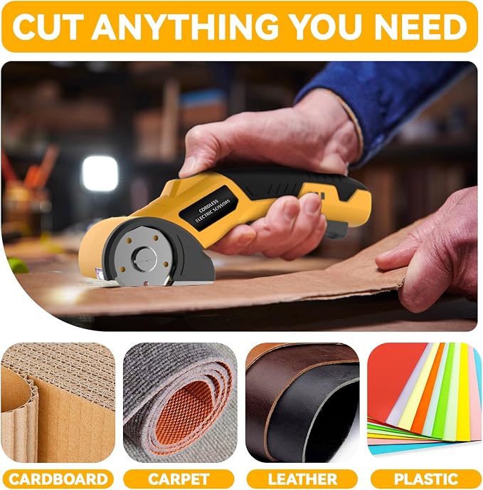Cordless Electric Scissors,4V Rechargeable Cardboard Cutter Heavy Duty Scissor with Safety Lock & LED Light for Box Carpet Plastic Fabric(Yellow)