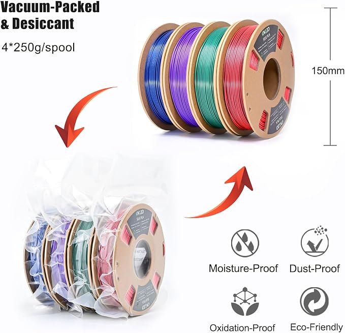 OVV3D Silk PLA 3D Printer Filament Bundle 250g x 4 Spools, Shiny Dual Color Filament 1.75mm Pack, Multi Color Change 3D Printing Filament, High Gloss Shine, 4 Pack (Black - Purple, Red, Green, Blue)