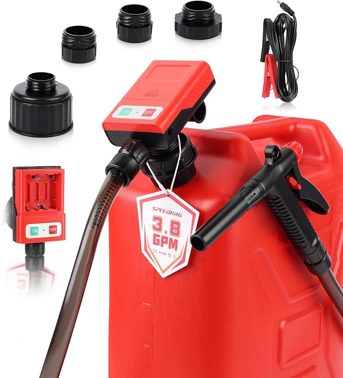 3.8 GPM Fuel Transfer Pump, 12V Battery Clip & AA Powered, 51" Hose with 4 Adapters, Portable Cordless Gas Diesel Kerosene Pump for Cars, Boats, Lawn Mowers, Generators