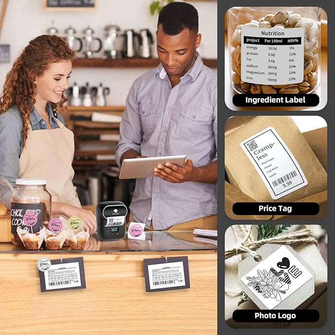 Phomemo M110 Label Printer - Label Maker Machine with 3 Roll Paper, Mini Portable Barcode Label Printer for Small Business, Retail, Address, Barcode, Home, for PC/Mac, iOS/Android- Ebony Black