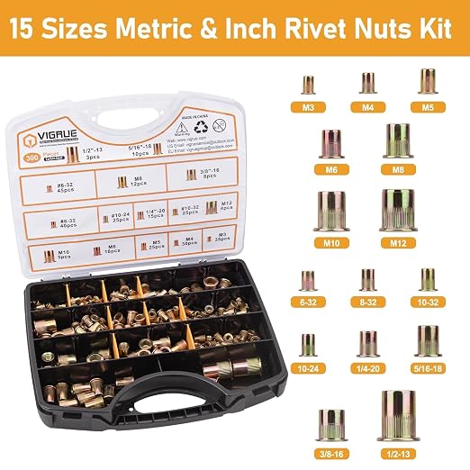 VIGRUE 16'' Rivet Nut Tool Kit Nutserts Rivnut Hand Tool Set with 15PCS Metric & SAE Mandrels and 300PCS Rivet Nuts Assortment, Rivnut Tool with Rugged Carrying Case for Automotive, Home DIY