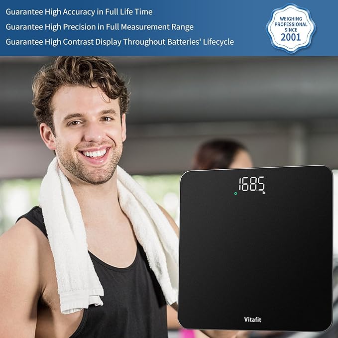 Vitafit Scale for Body Weight, Accuracy 0.1lb by Our Professional Scale Factory Since 2001, Digital Bathroom Weight Scale LED and Step On, 3xAAA Battery Included, 400lb/182kg, Spray Silver Black
