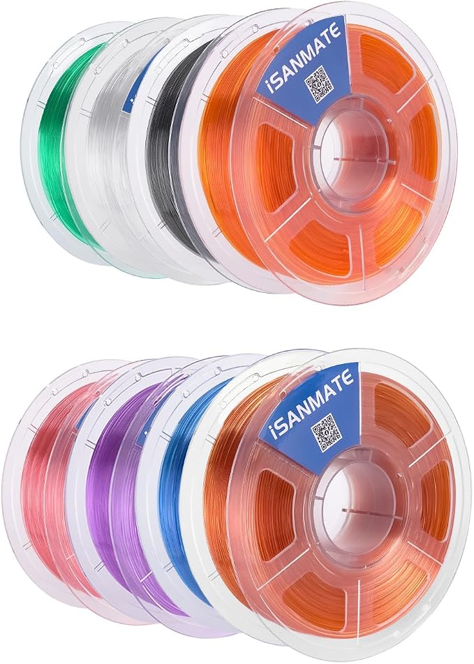 iSANMATE Rapid PETG Translucent,400mm/s High Speed Multicolor Bundle 1.75mm Specifically Designed for Lamps for Bambu Lab 3D Printers,AMS,AMSLite Teal/Clear/Gray/Orange/Pink/Purple/Blue/Brown,250gx8