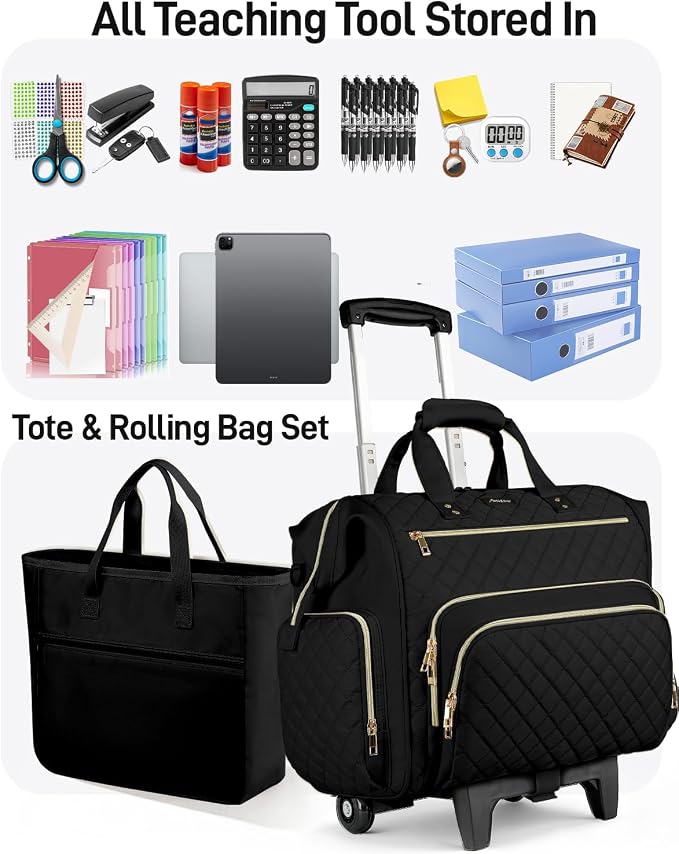 Rolling Teacher Bag, 16 Inch Rolling Laptop Bag with Detachable Dolly & Teacher File Tote, Large Roller Briefcase for Teaching Office Work, Women, Craft Nurse, Black