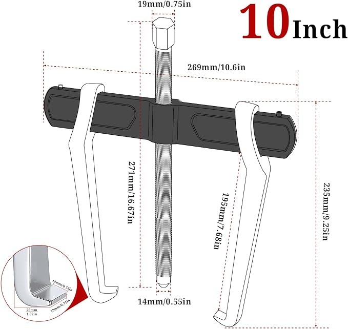 BILITOOLS 10" 2 Jaw Gear Puller, Bearing & Pulley Removal Tool, Internal External Reversible for Flywheel, Gears & Pulleys