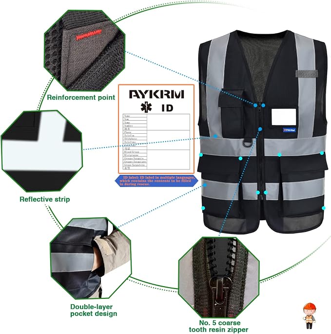 A-SAFETY High Visibility safety vest black pockets | Black L Polyester work vest with reinforced pockets, clear ID holder and mic tabs for warehouse work and event operations.
