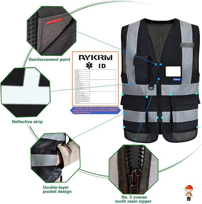XSmall Womens black safety vest xs | Black XS Polyester work vest with clear PVC ID holder, mic tabs and high-visibility reflective strips for event operations.