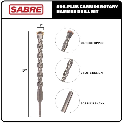 1 Inch x 12 Inch SDS Plus Rotary Hammer Drill Bit, Carbide Tipped for Brick, Stone, and Concrete Version 2 (1" x 10" x 12")