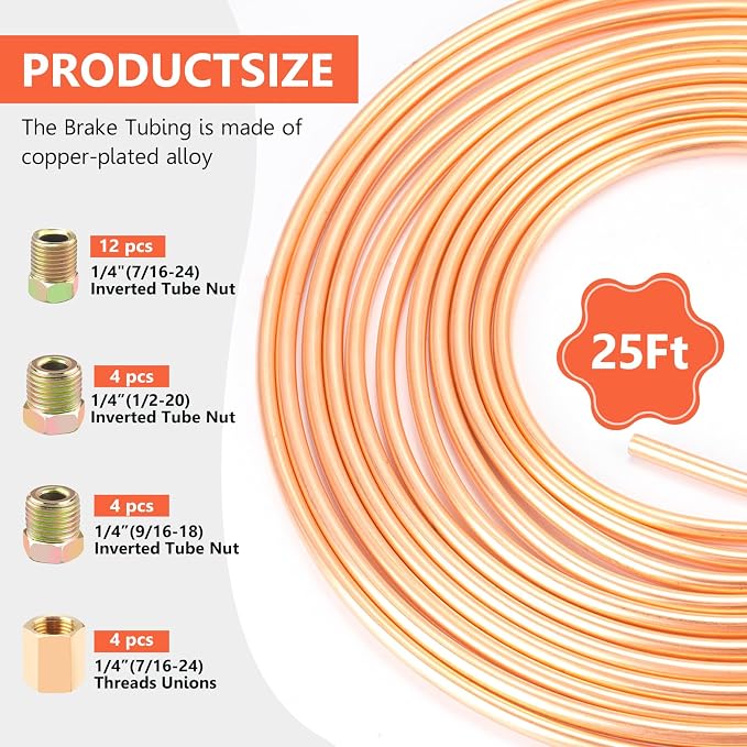1/4" Brake Line - Easy to Bend Tubing - 25 ft 1/4" Copper Coated Brake Line + 16 x Brake Line Fittings and 4 x Threads Unions
