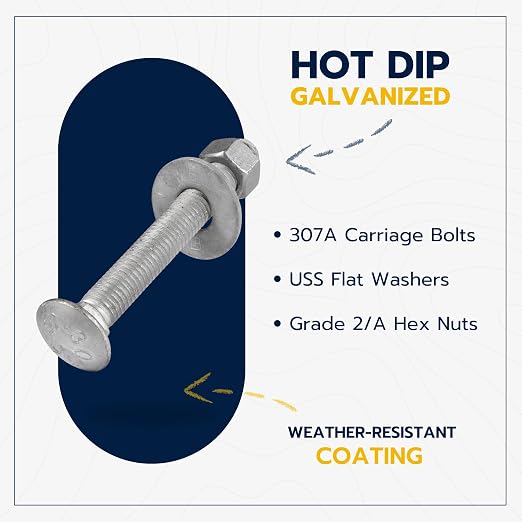 3/8" x 3-1/2" (50 Pack) Galvanized Carriage Bolt Kit, Grade 307A, Hot Dip Galvanized for Exterior Use by Makers Bolt