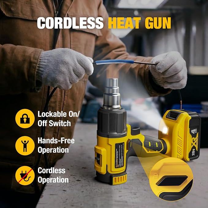 Cordless Heat Gun for De-WALT 20V MAX Battery, 7Pcs Nozzles&Scraper, LED Light, 350W Fast Heating Soldering Hot Air Gun, 2-Temp Setting Max 990℉(532℃), Heat gun for Shrink Tubing, Crafts (Tool Only)