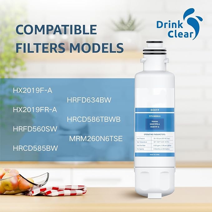 HX2019FR-A, HX2019F-A Water Replacement, Compatible With Hisense HRM260N6TSE, HRFD560SW, HRCD585BW, HRCD650BW, HRFD634BW, HRCD586TBWB and Mora MRM260N6TSE, 3 PCS