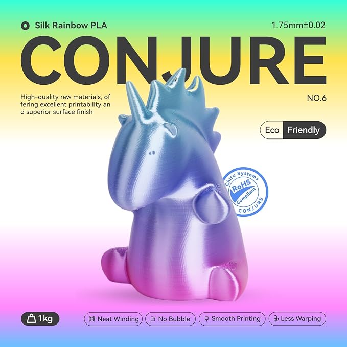 Conjure Silk Rainbow PLA 3D Printer Filament, Multicolor Rainbow PLA Pink Purple Green Yellow Candy Filament 1.75mm 3D Printing Filament 1KG/2.2LB